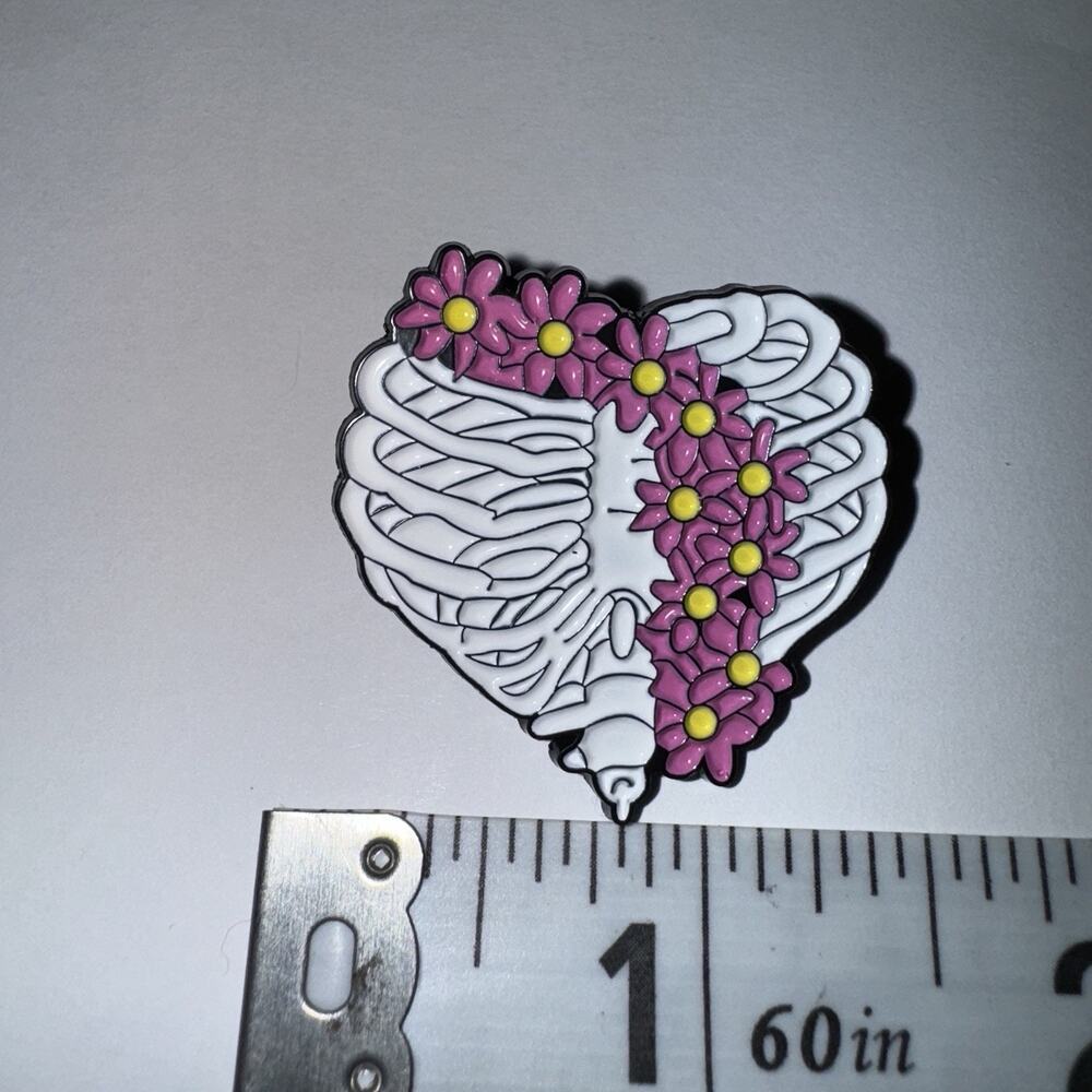 Heart Shaped Rib Cage With Pink Flowers Pin Brooch